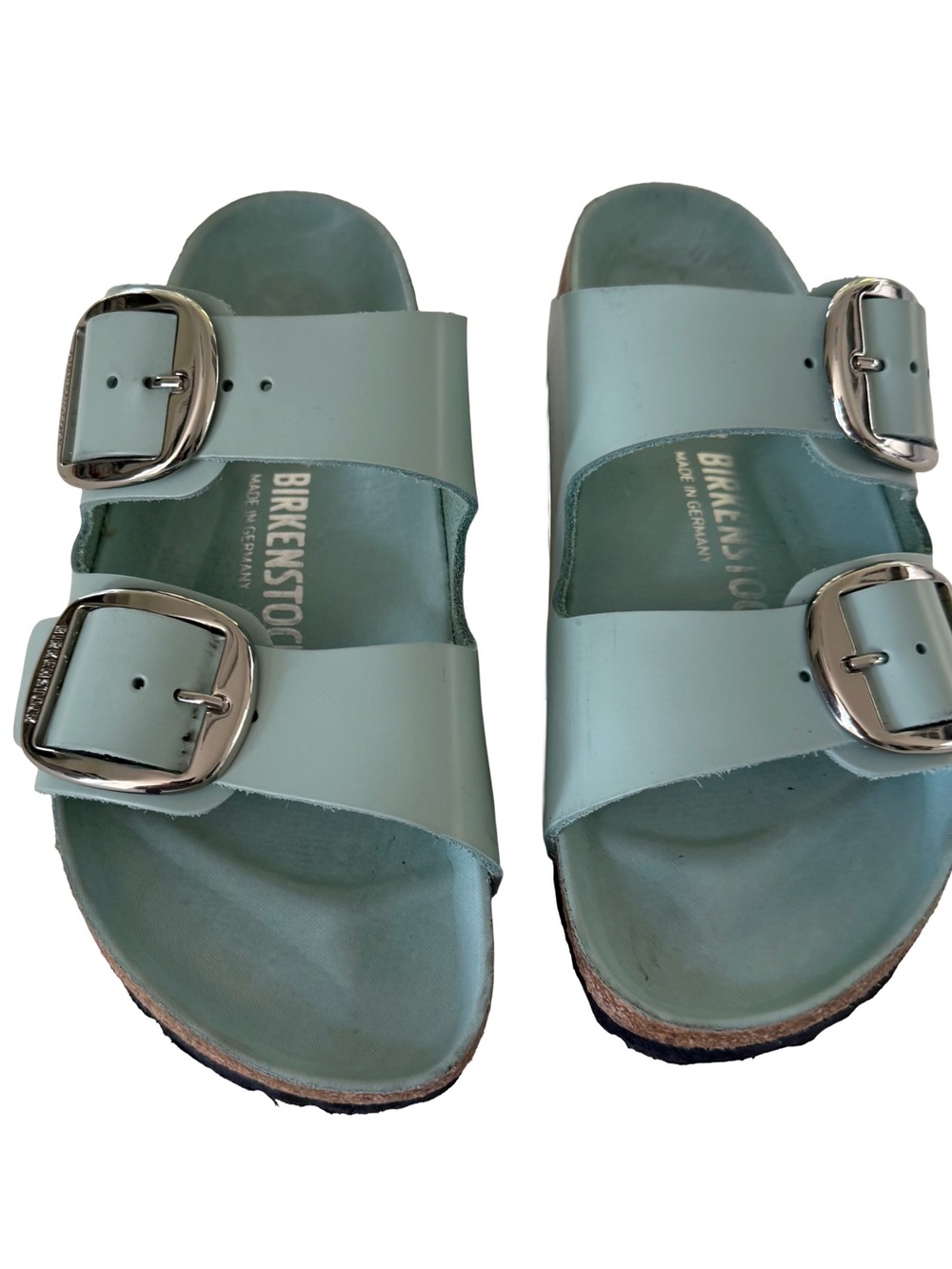 Birkenstock Arizona Women’s Buckle Shiny Leather Sandals Surf Green Sz 7 NEW